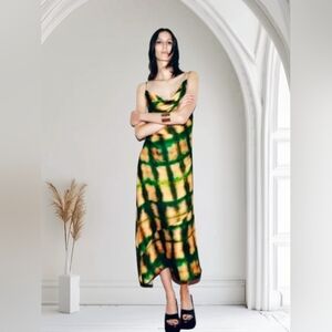ZARA SATIN COWL NECK GREEN & GOLD SLIP MIDI DRESS SIZE SMALL